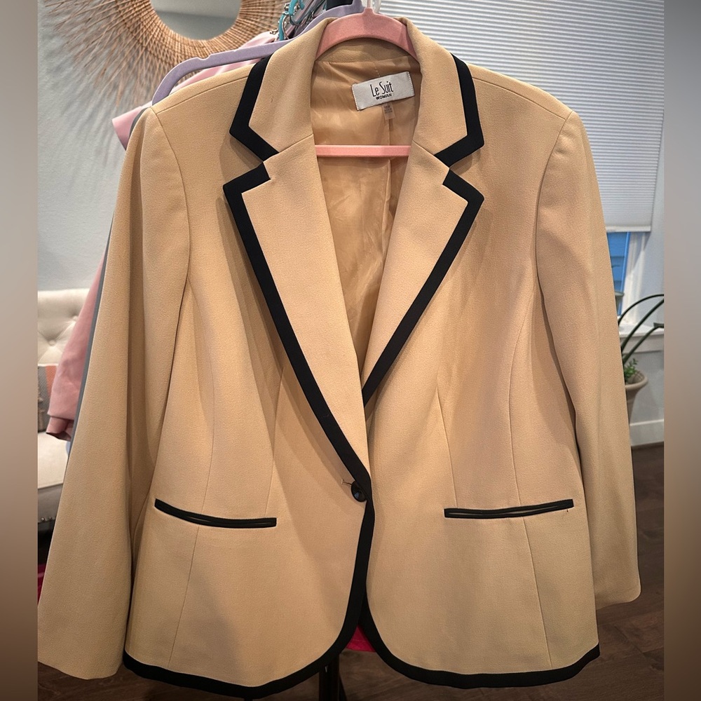 LE SUIT Contrast Trim Notch Collar One-Button Blazer Jacket Black & Tan 16W